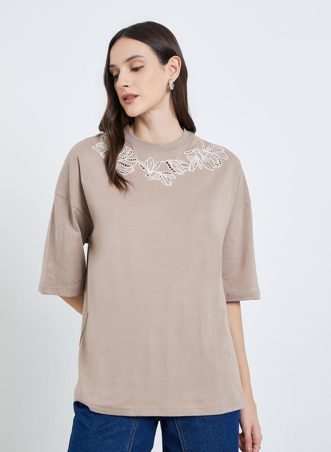 Styli Women Beige Embroidered Oversized T-Shirt - Image 1